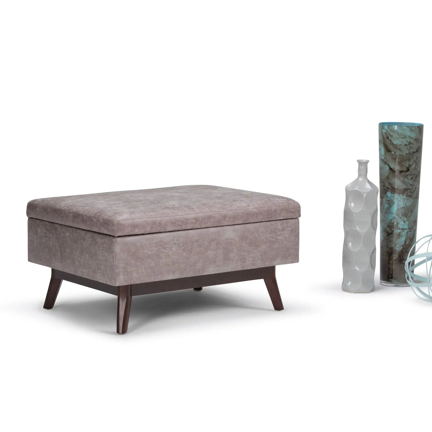 Owen upholstered rectangular storage ottoman in taupe fabric with dark wood legs on Tampa Home & Garden Store