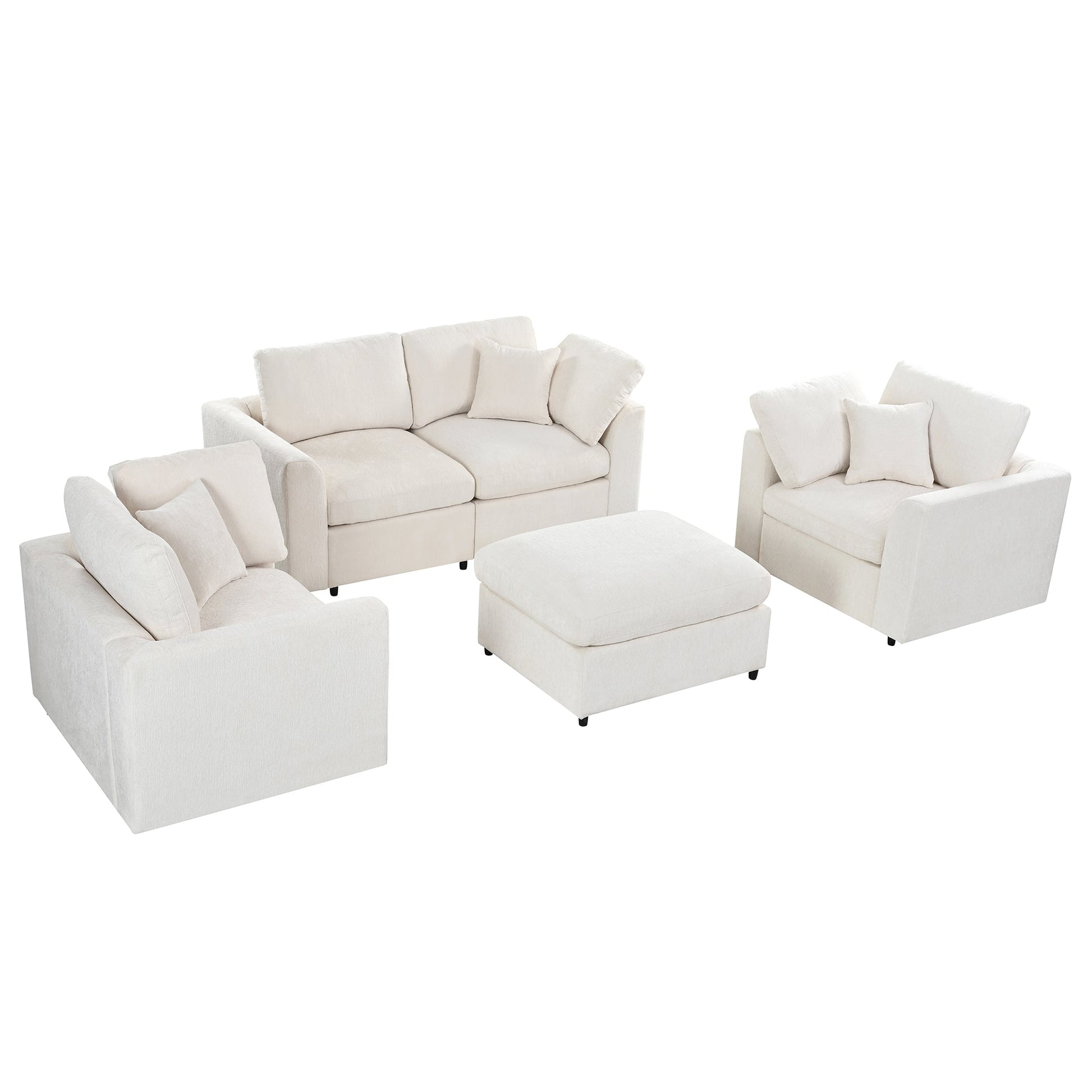 U-Style 4-Piece Sofa Set with 2 accent chairs, loveseat & movable ottoman in cream fabric by HouseOfZazla on Tampa Home & Garden Store