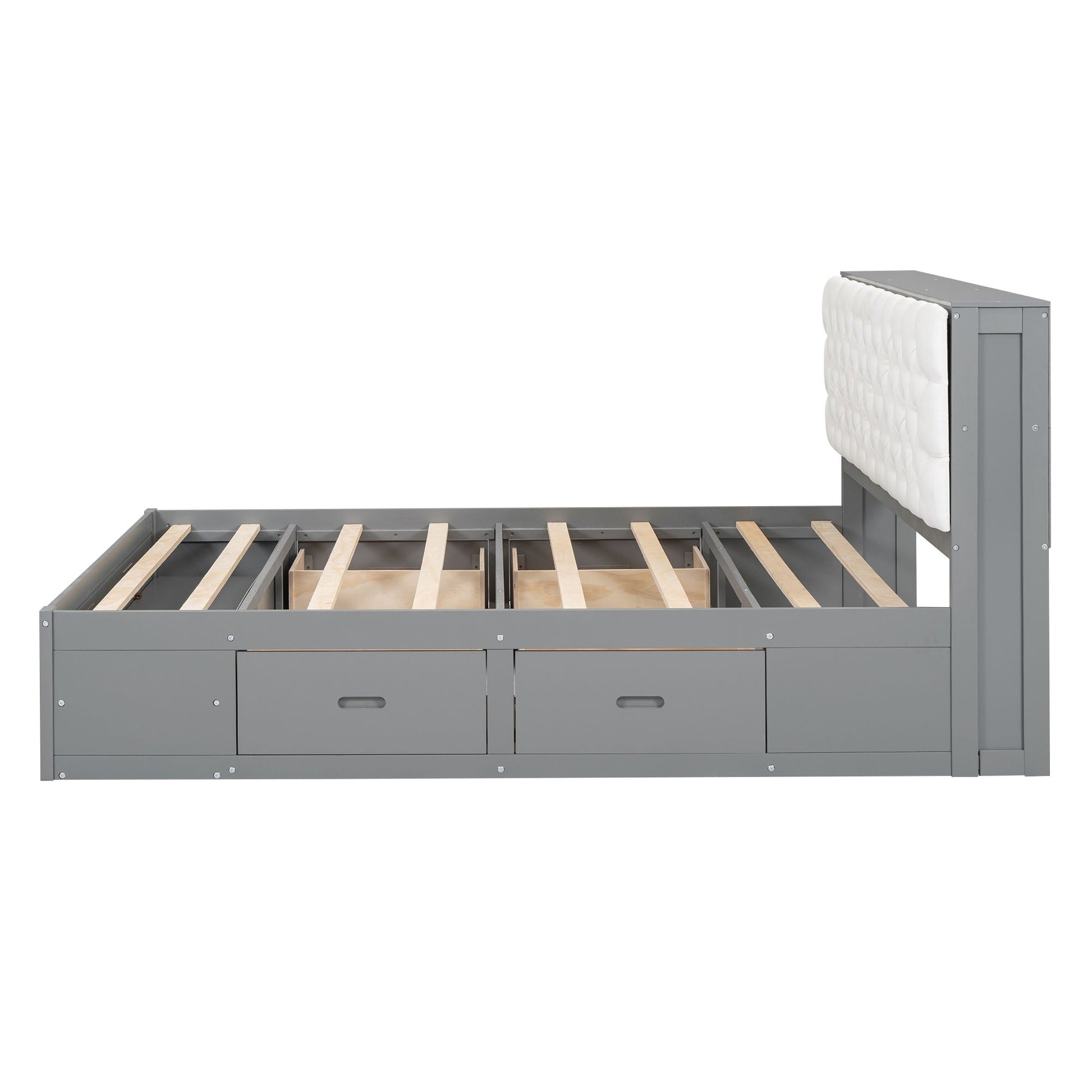 Platform bed with gray metal frame, padded white headboard and 4 drawers by HouseOfZazla on Tampa Home & Garden Store