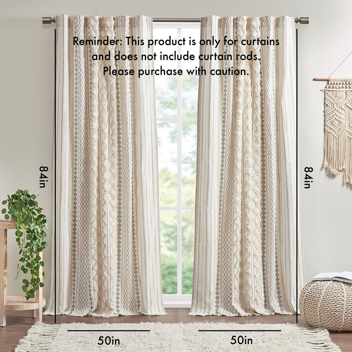 Ivory cotton printed curtain panels with chenille stripe and lining, 50x84 each, HouseOfZazla pair on Tampa Home & Garden Store