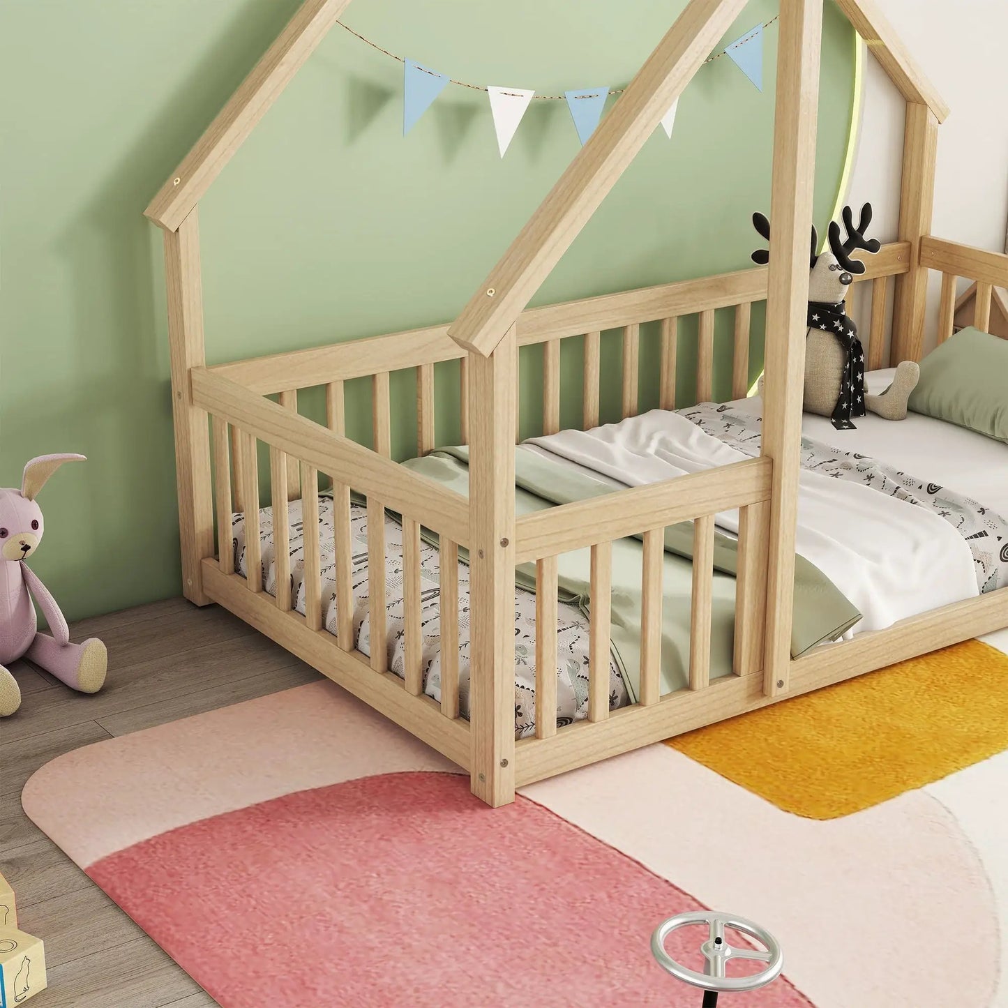 Natural wood house-shaped toddler bed with guardrails and fence by Unique Piece Furniture on Tampa Home & Garden Store