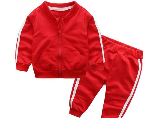 Stevvex baby 2pc red cotton jacket and pants set with white stripe sleeves and legs on Tampa Home & Garden Store