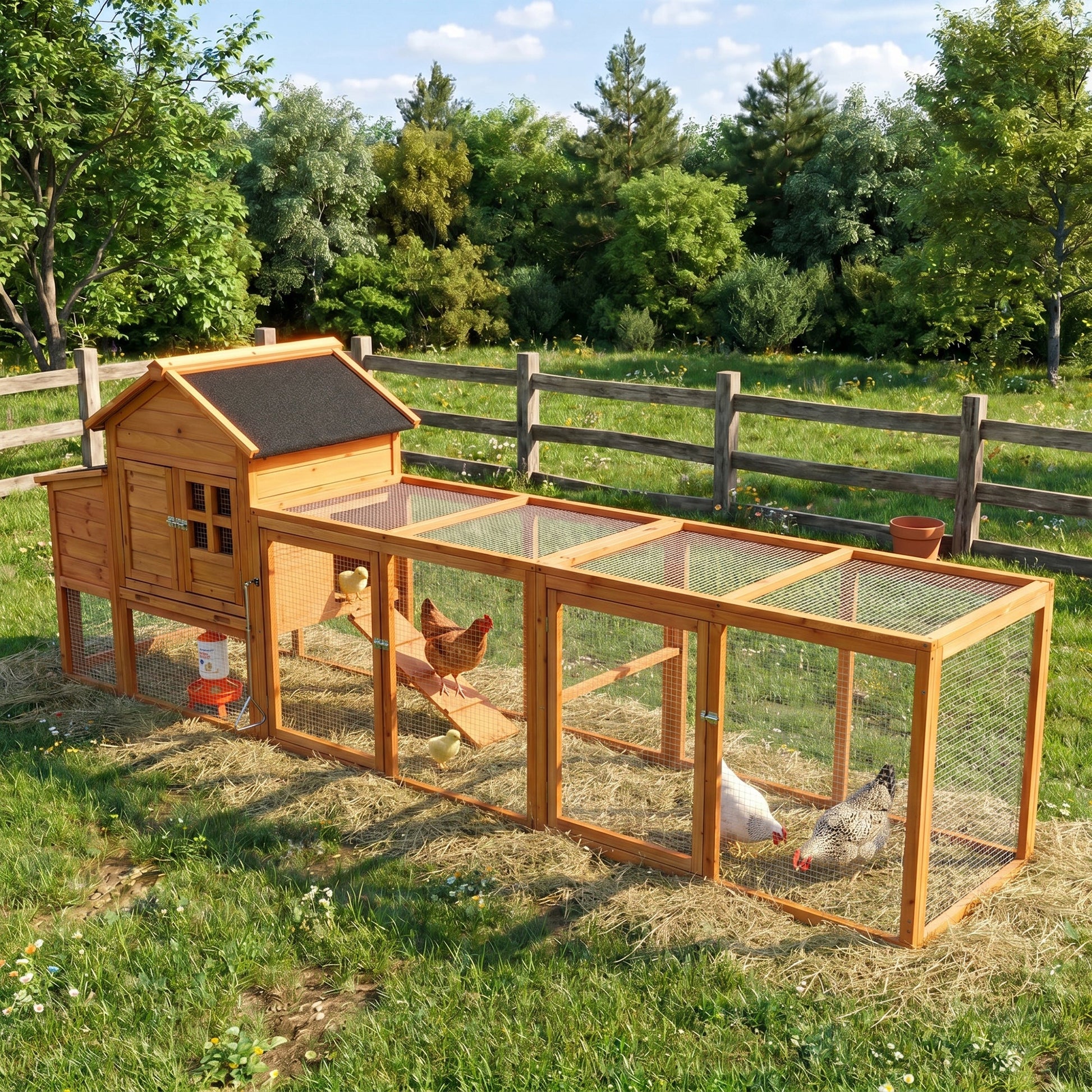 Large chicken coop with nest box and run, wooden natural finish with wire mesh HouseOfZazla on Tampa Home & Garden Store