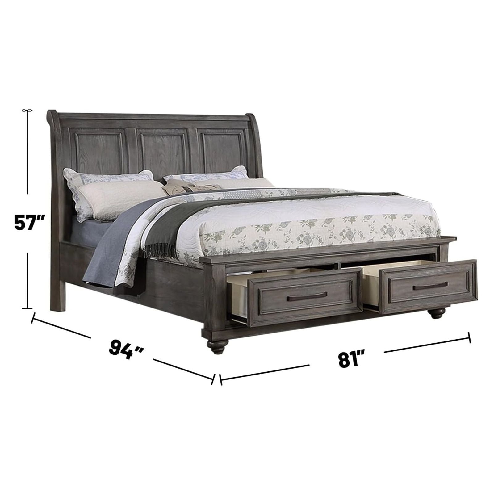 HouseOfZazla 3 Piece Bedroom Set bed with two nightstands in dark gray wood with paneled headboard on Tampa Home & Garden Store