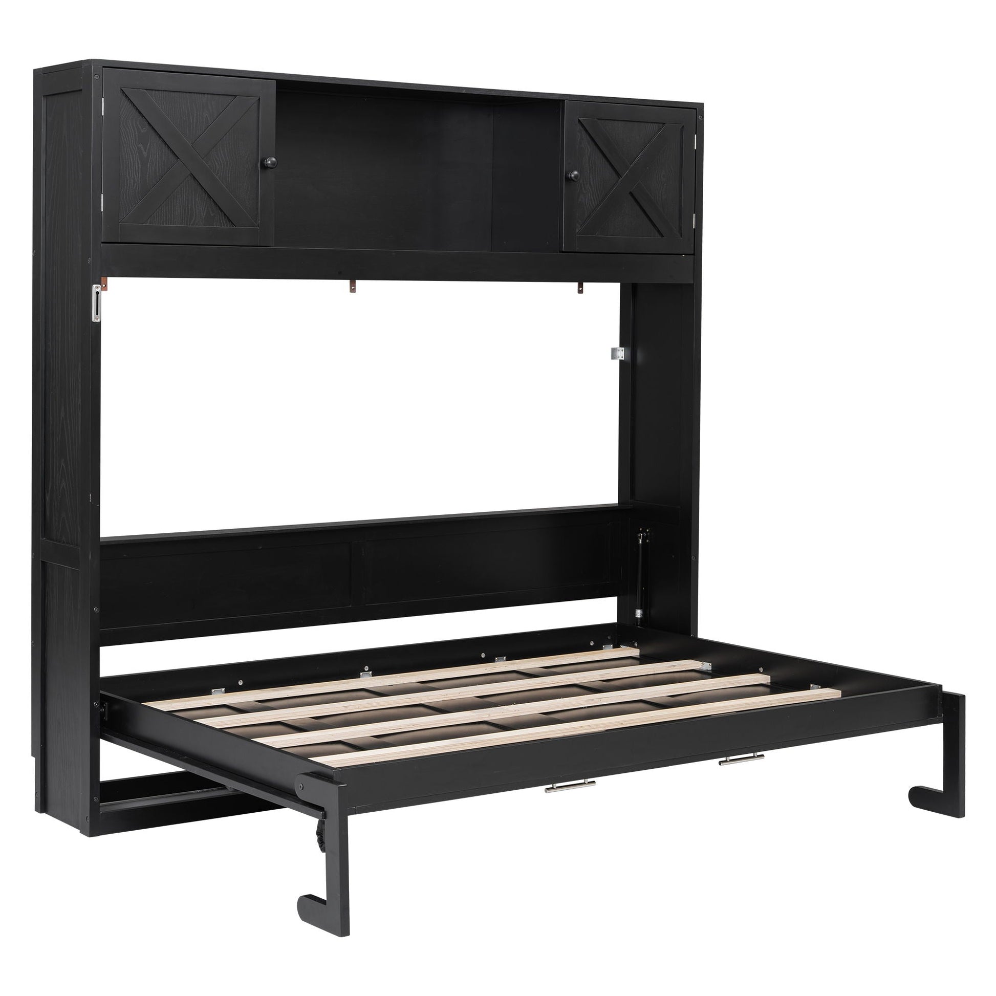 Murphy bed with storage cabinets in black finish; two X-panel doors and slatted bed base on Tampa Home & Garden Store