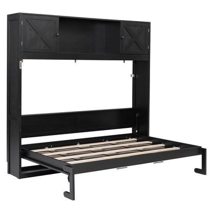Murphy bed with storage cabinets in black finish; two X-panel doors and slatted bed base on Tampa Home & Garden Store