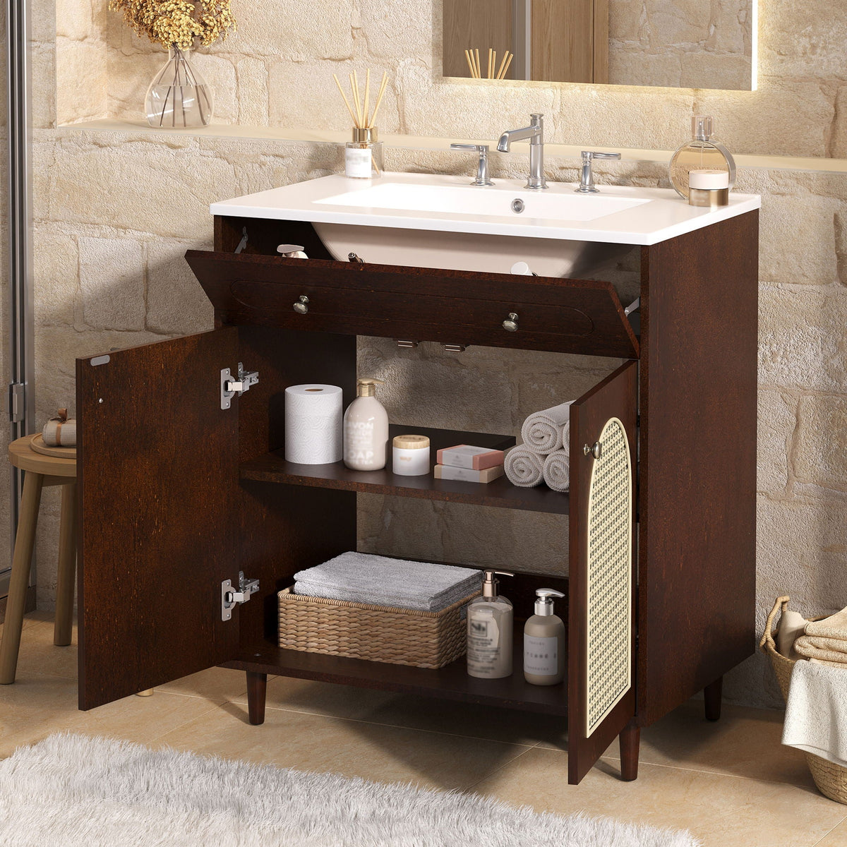 Modern bathroom vanity with ceramic sink, dark brown wood, adjustable shelf HouseOfZazla on Tampa Home & Garden Store