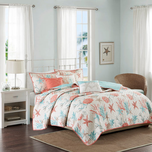 Cotton Sateen Quilt Set Coral Full/Queen with decorative pillows, sea life print, HouseOfZazla on Tampa Home & Garden Store