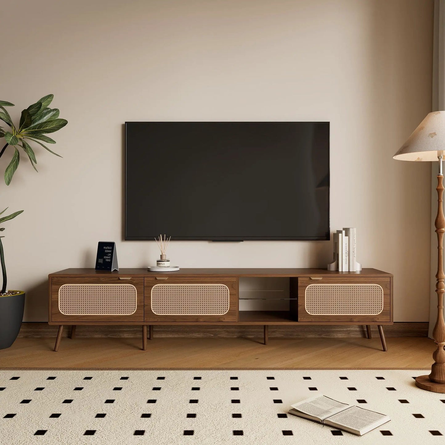 78-inch walnut TV stand with open shelving and cane-front cabinet doors on Tampa Home & Garden Store