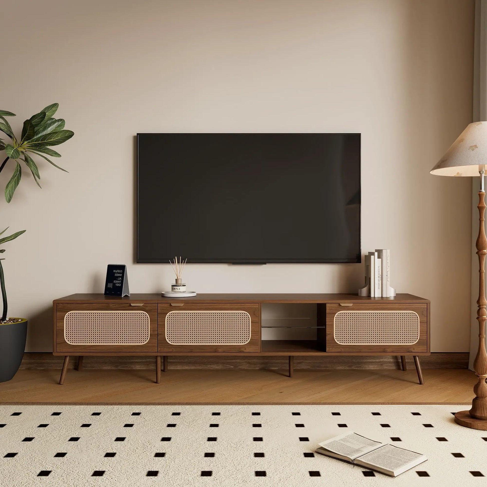 78-inch walnut TV stand with open shelving and cane-front cabinet doors on Tampa Home & Garden Store