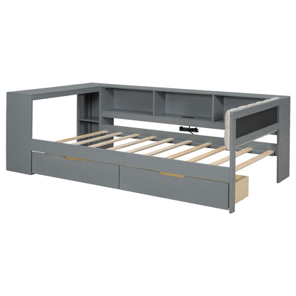Upholstered headboard storage bed with shelves, drawers and charging station in grey on Tampa Home & Garden Store