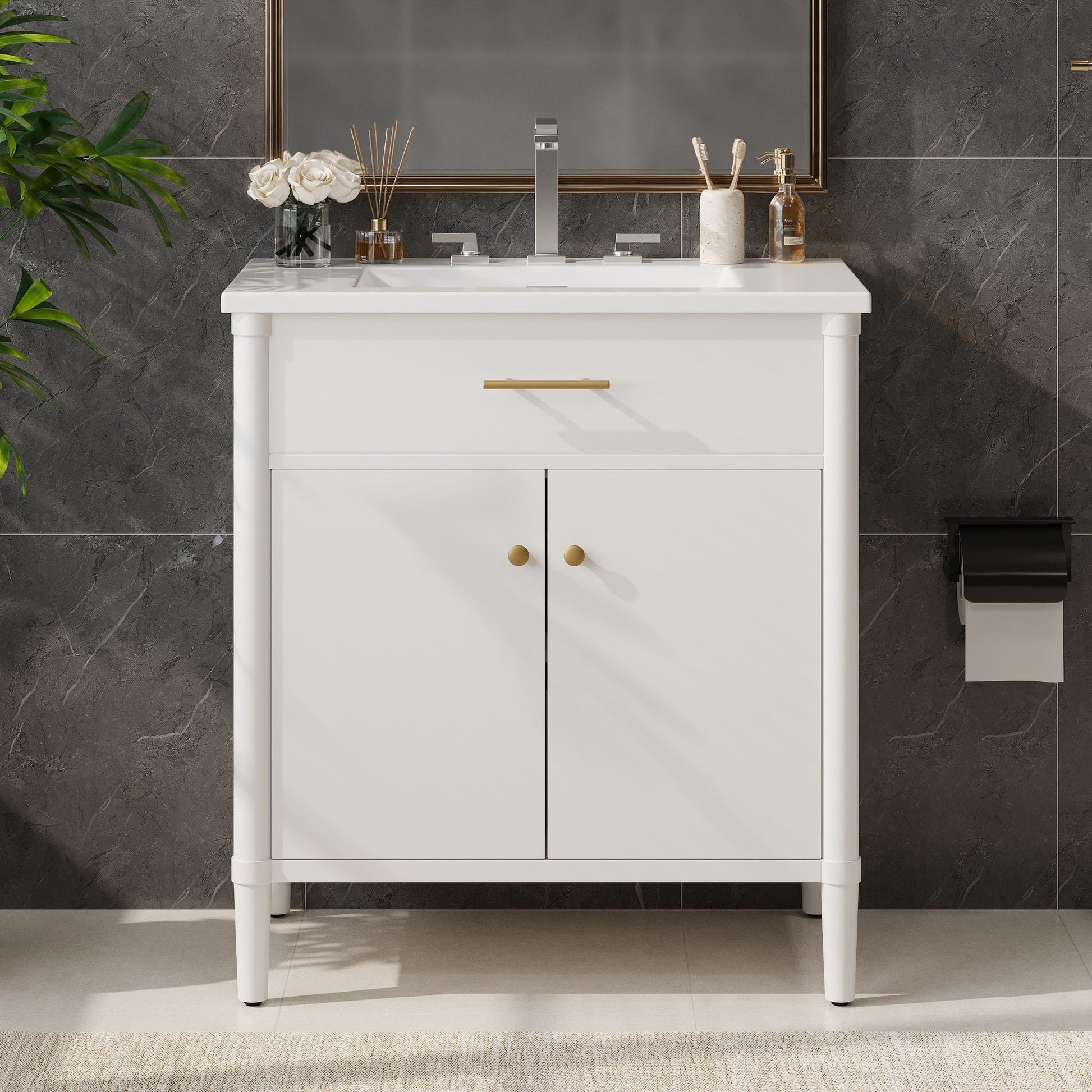 Bathroom vanity with sink, white cabinet, gold hardware, adjustable shelf HouseOfZazla on Tampa Home & Garden Store