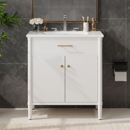 Bathroom vanity with sink, white cabinet, gold hardware, adjustable shelf HouseOfZazla on Tampa Home & Garden Store