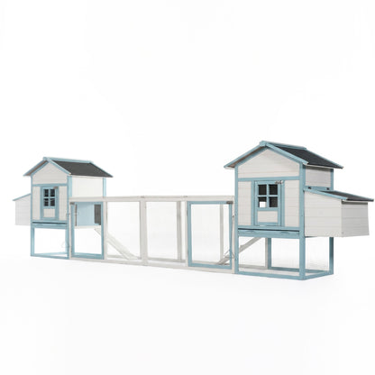 Large wooden chicken coop with blue trim, double nesting boxes and wire-mesh run on Tampa Home & Garden Store