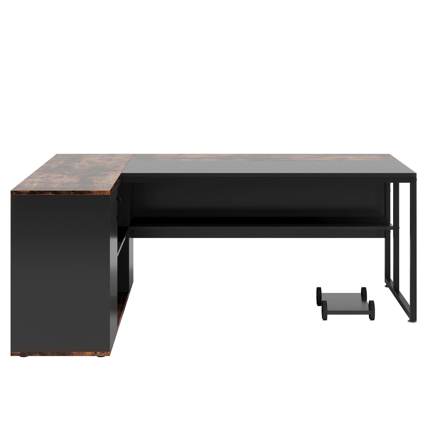 L-shaped executive desk in black with brown bronze-tinted top and left storage cabinet, shelf on Tampa Home & Garden Store