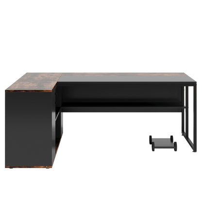 L-shaped executive desk in black with brown bronze-tinted top and left storage cabinet, shelf on Tampa Home & Garden Store
