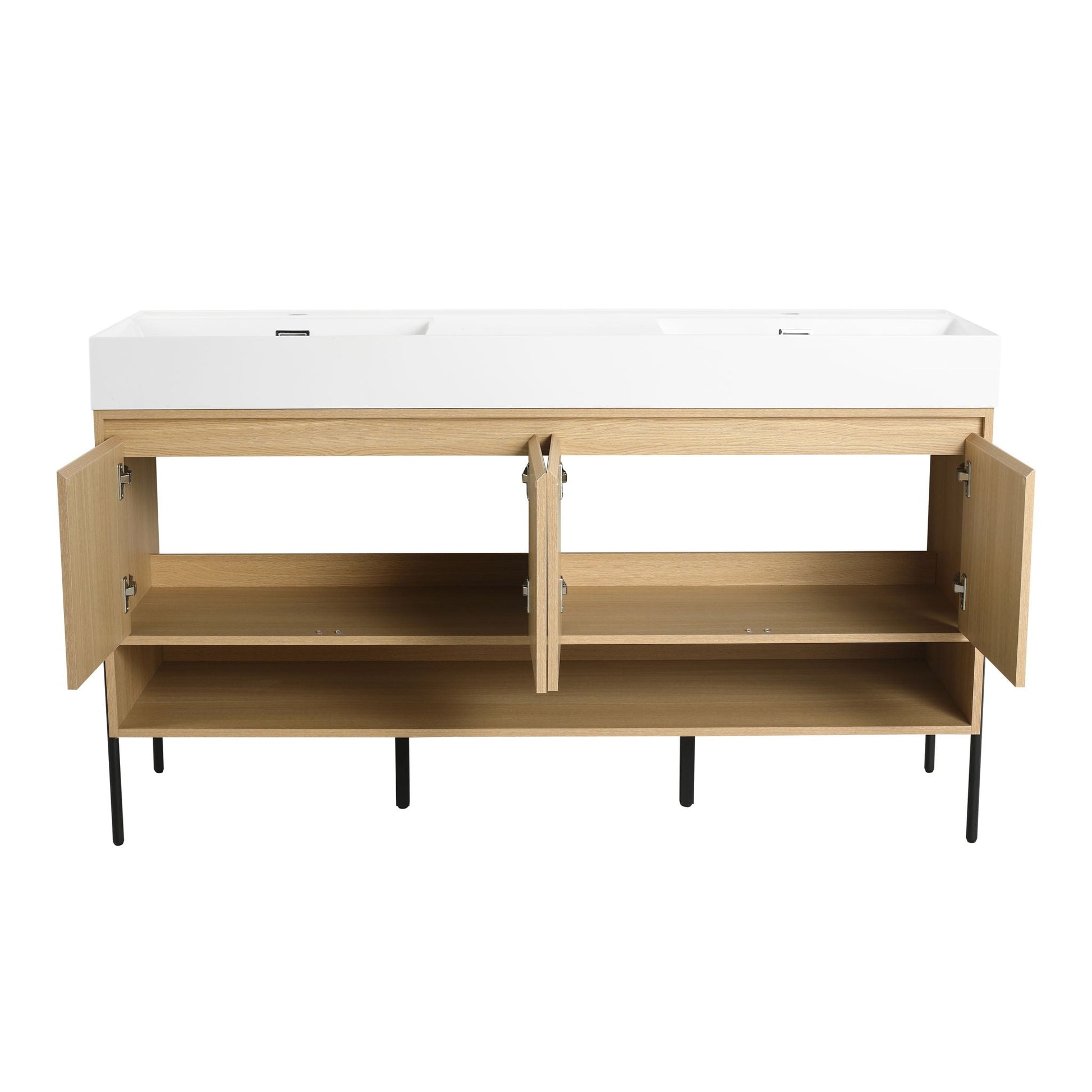 HouseOfZazla modern bathroom vanity with single resin sink on white countertop and oak storage on Tampa Home & Garden Store
