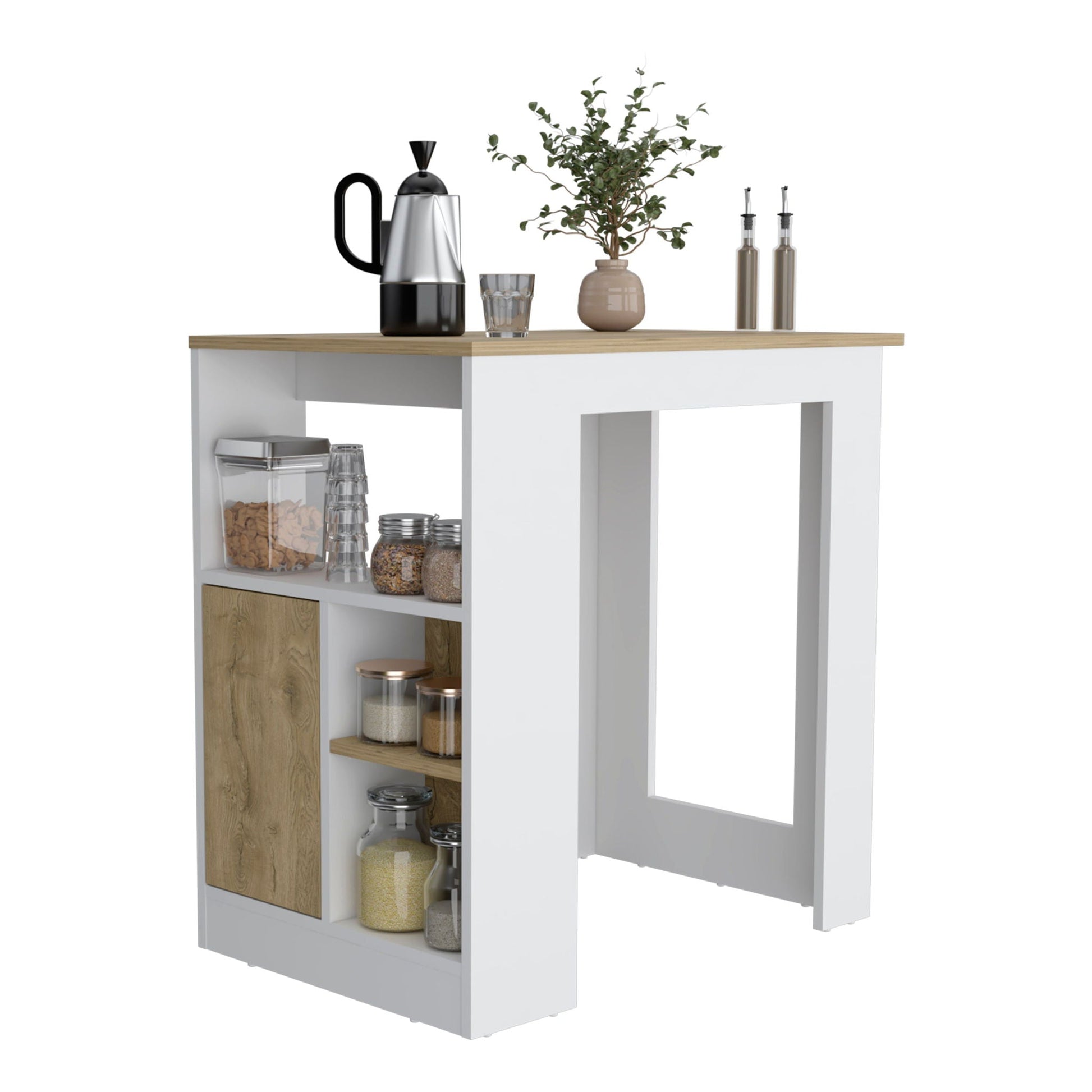 Kitchen Island white with macadamia wood top, three open shelves and push-to-open cabinet on Tampa Home & Garden Store