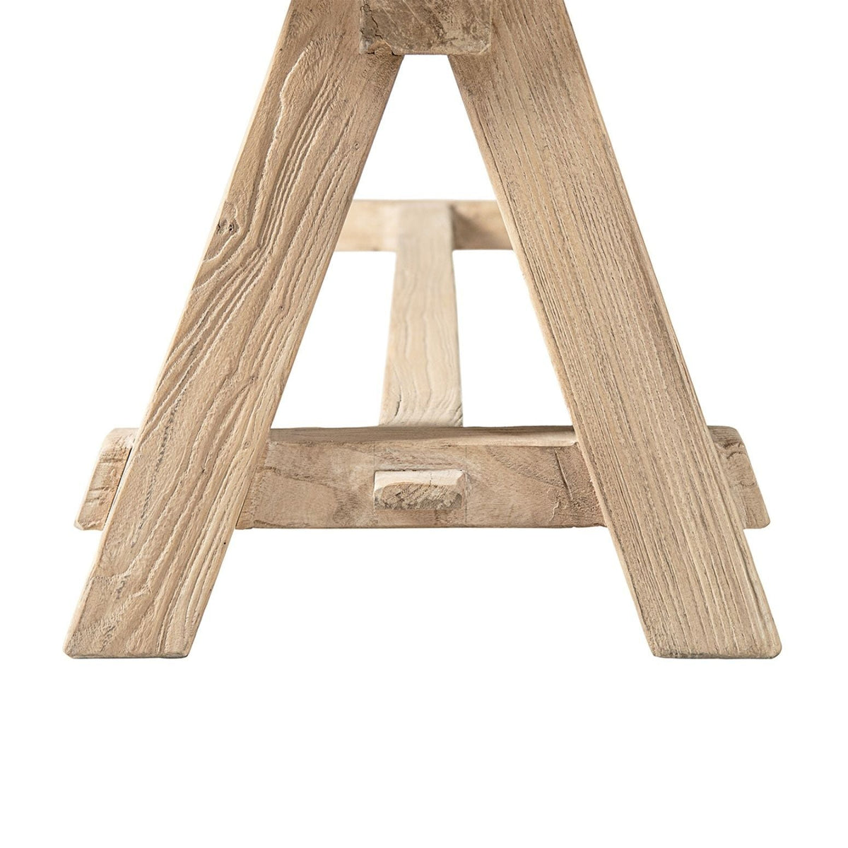 Dining bench with pillar base in natural reclaimed elm, close-up of A-frame legs and wood grain on Tampa Home & Garden Store