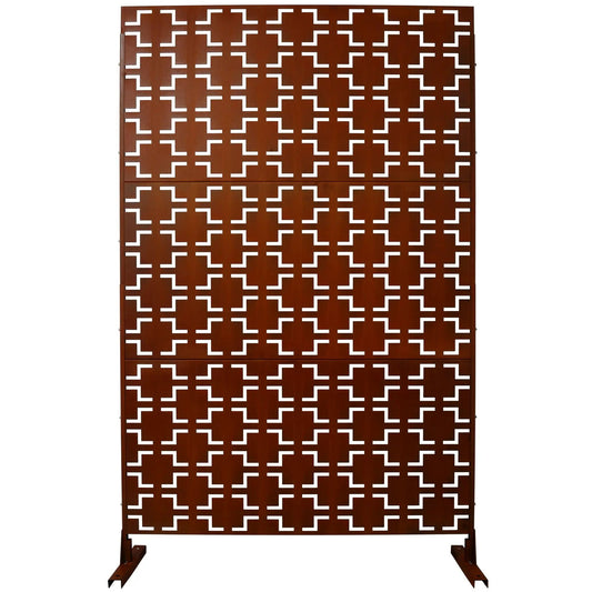Outdoor metal privacy freestanding screen with white geometric cutouts on brown panels on Tampa Home & Garden Store