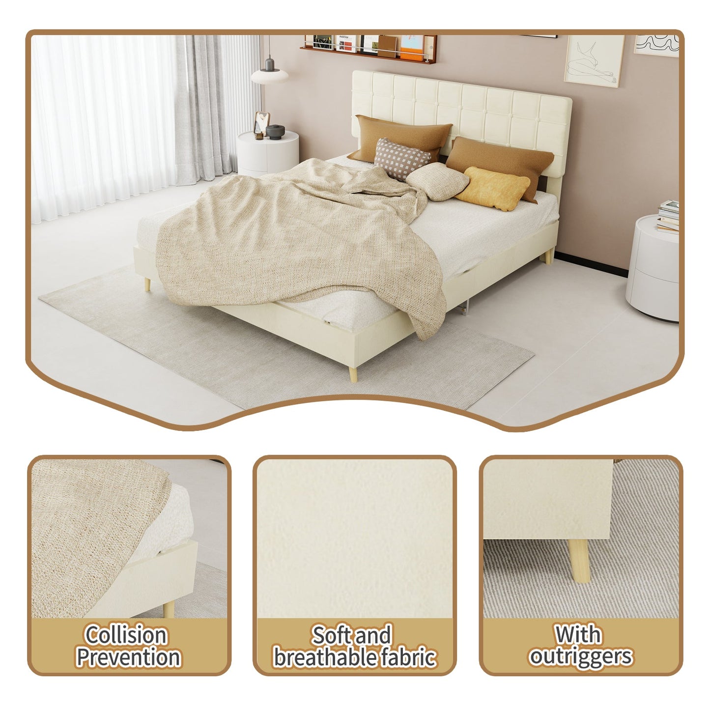 Modern Upholstered Bed Frame and Velvet Fabric