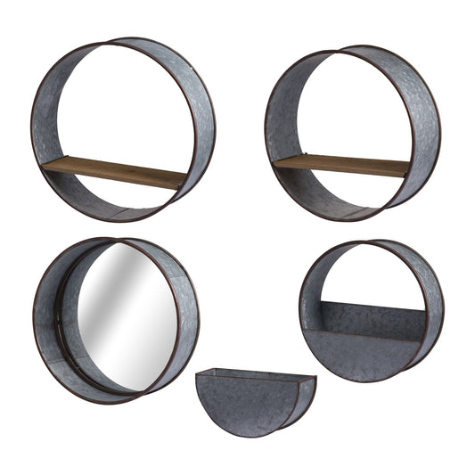 Farmhouse round metal wall planter set of 5 gray with wood shelf on Tampa Home & Garden Store