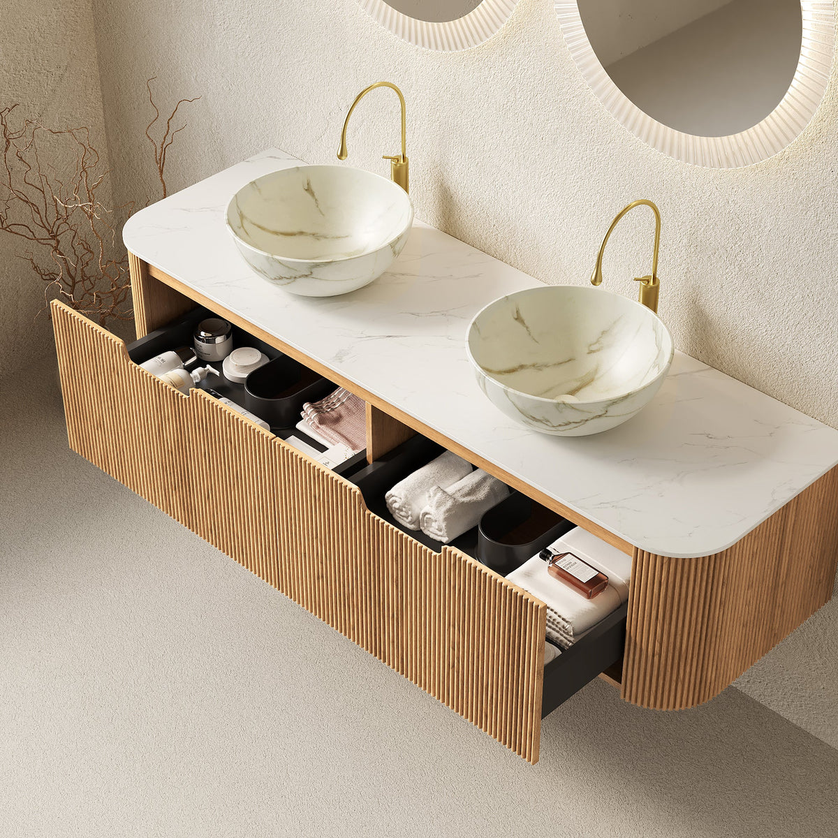 Dina 60in Bathroom Vanity with dual vessel sinks natural wood base on Tampa Home & Garden Store