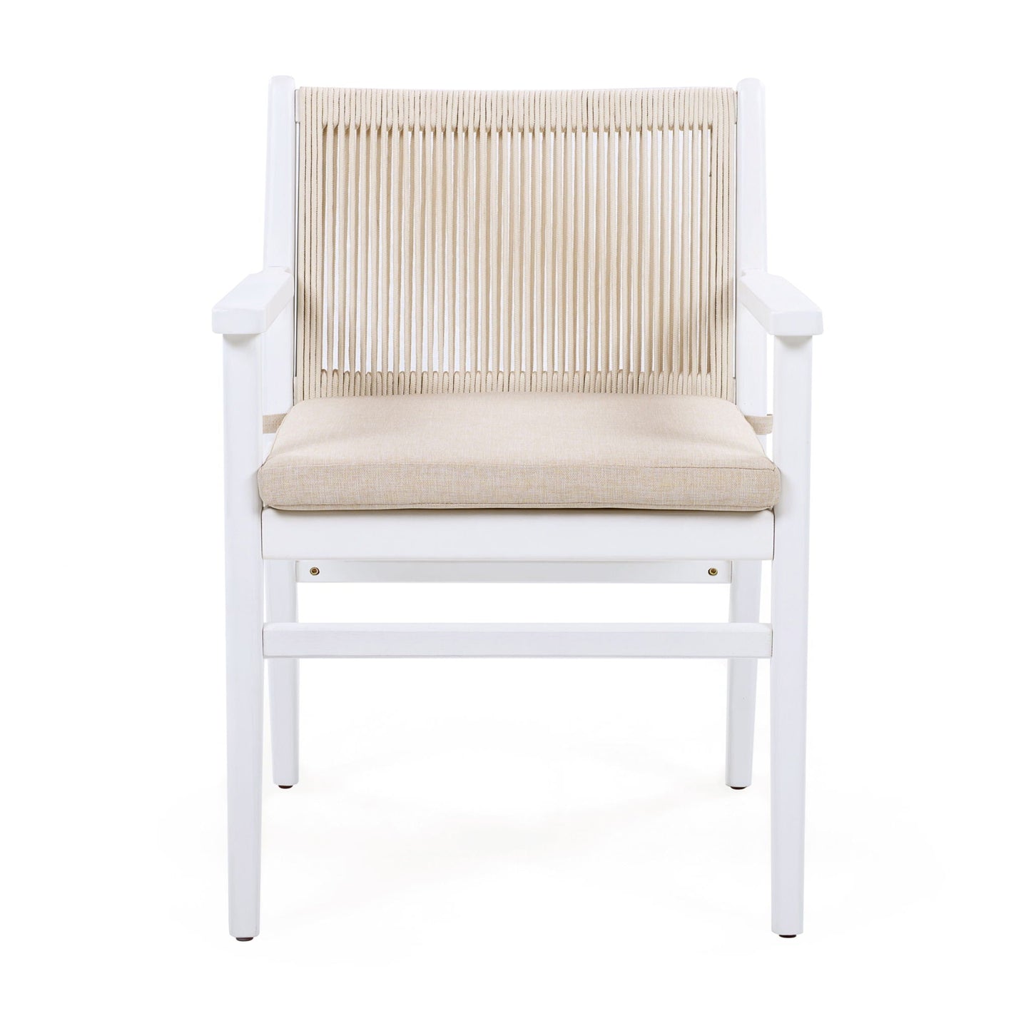 Outdoor Acacia Wood Patio Armchairs set of 2, white frame, beige woven cord seat HouseOfZazla on Tampa Home & Garden Store