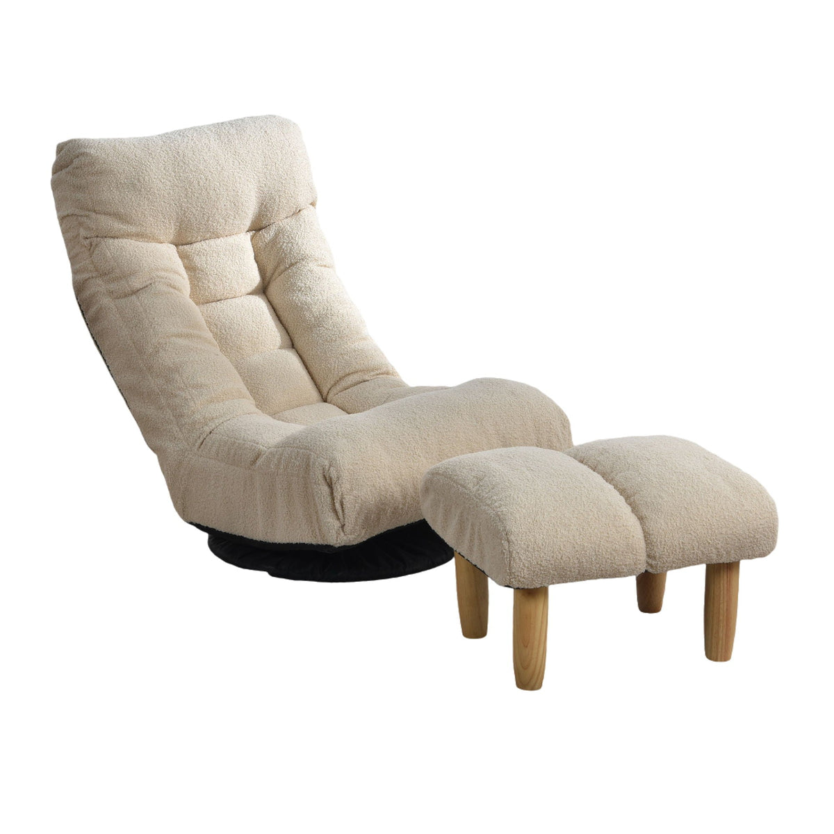 Reclining floor chair & ottoman beige boucle with tufted cushions and wooden legs HouseOfZazla on Tampa Home & Garden Store