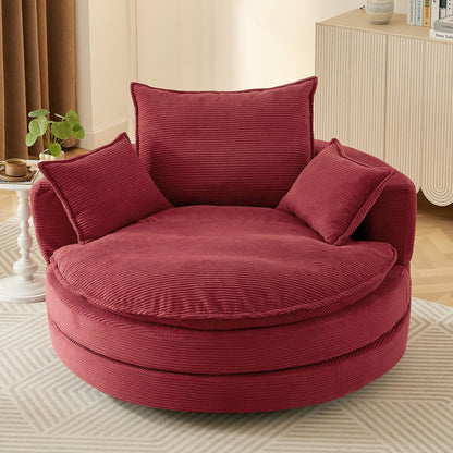 Swivel barrel chair in burgundy corduroy with cushions and pillows on Tampa Home & Garden Store