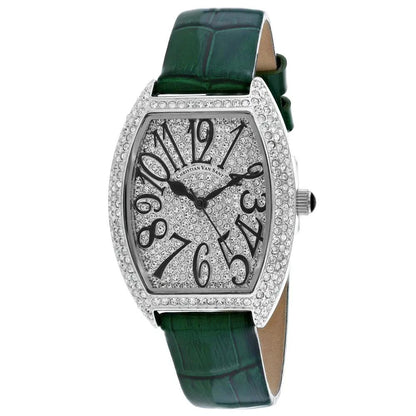 Women's watch by Bids.com with crystal bezel, silver case, black numerals, green leather strap on Tampa Home & Garden Store