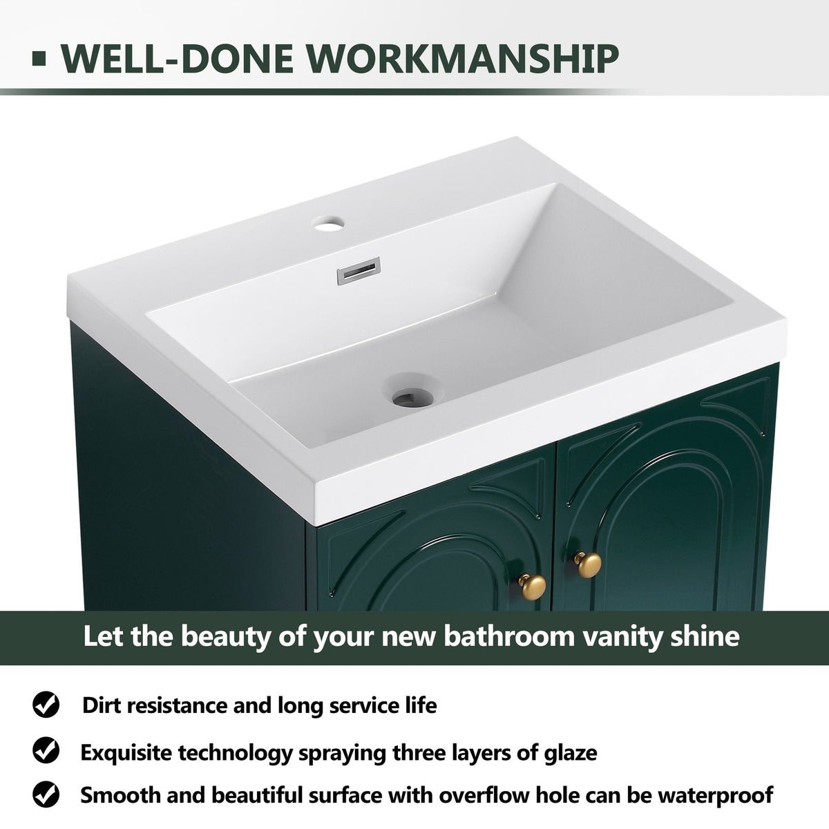 Freestanding bath vanity with white resin sink, dark green cabinet, HouseOfZazla on Tampa Home & Garden Store