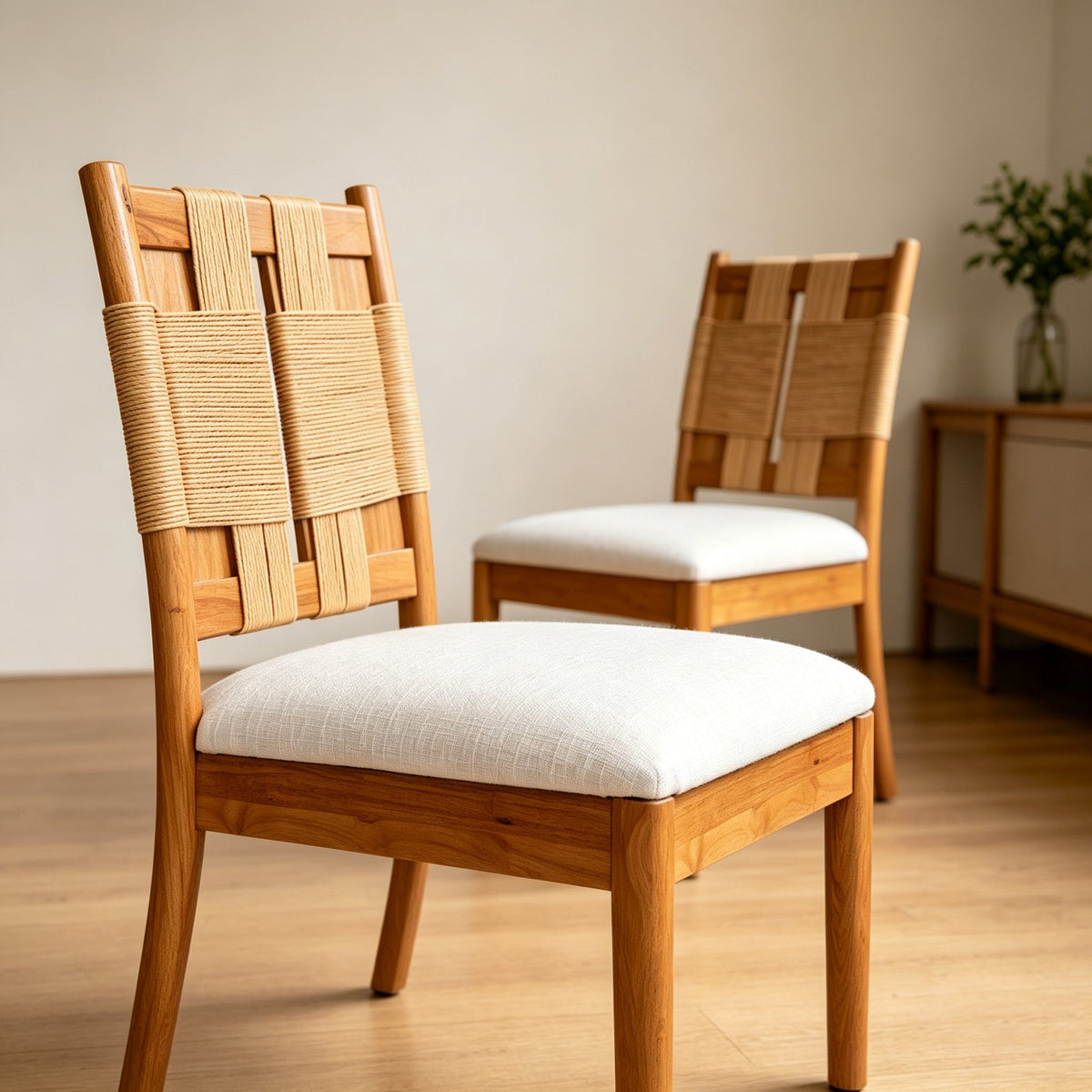 2 piece dining chairs set HouseOfZazla with wood frames and beige paper rope seats on Tampa Home & Garden Store
