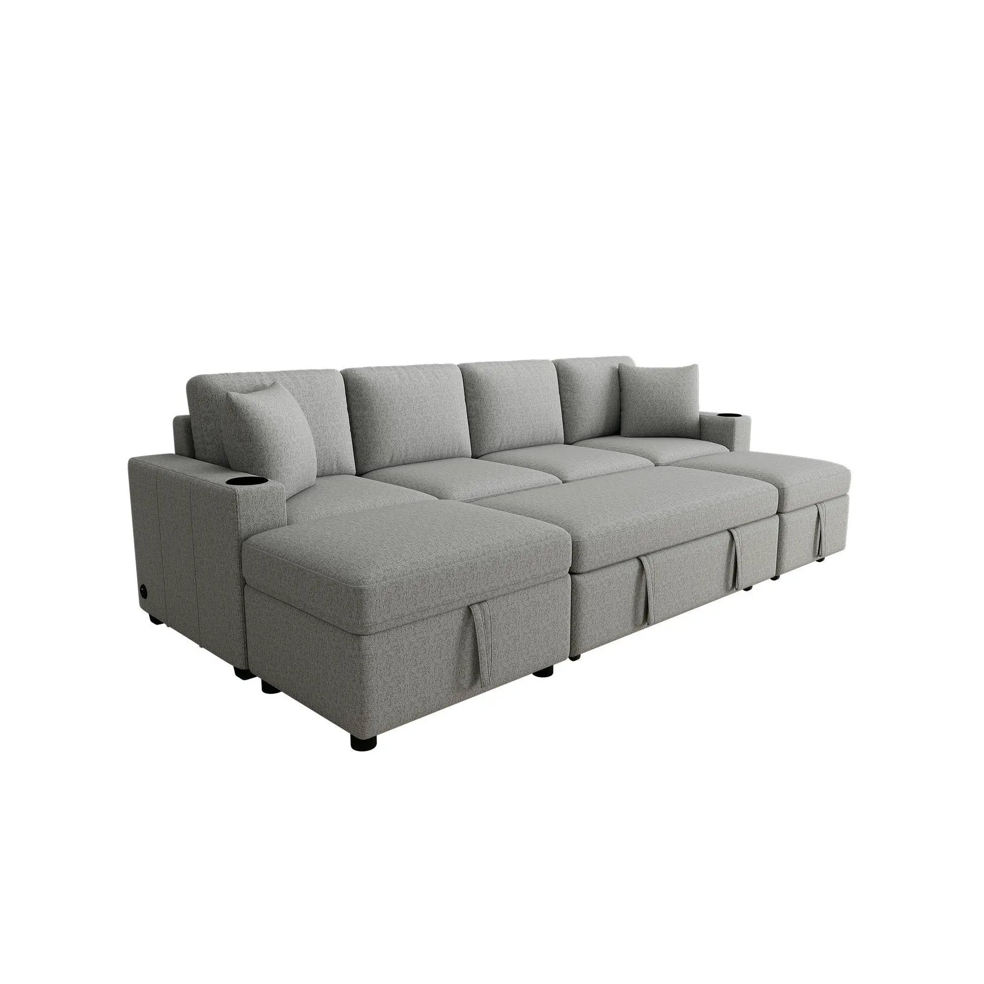 Sectional sofa with chaise in gray fabric, USB ports and storage ottoman on Tampa Home & Garden Store