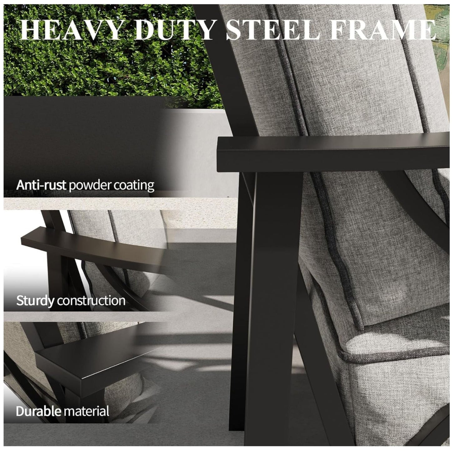 All-Weather Armchairs With Cushions, HouseOfZazla 2-pack, black steel frame, grey cushions on Tampa Home & Garden Store