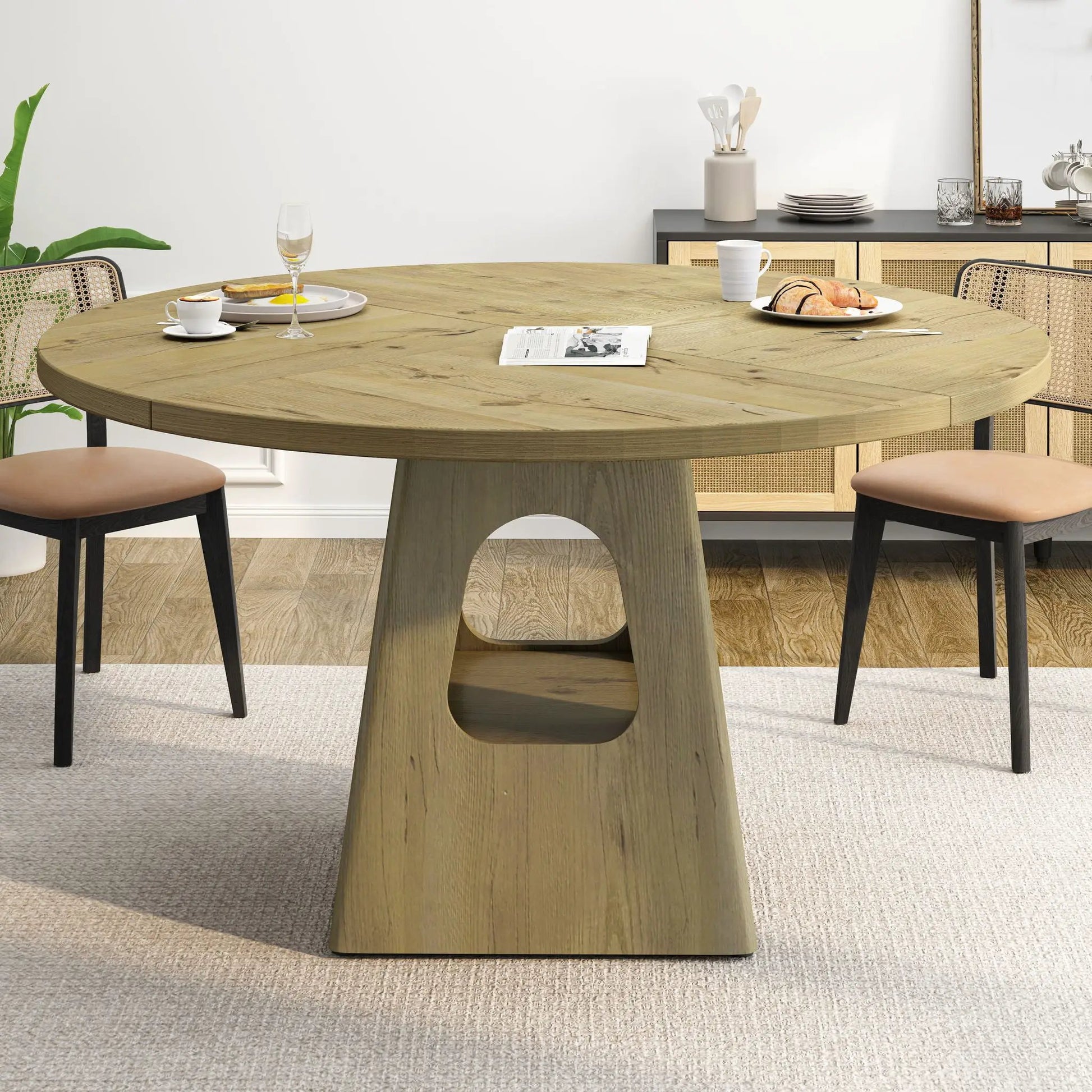 Farmhouse round dining table with storage base in natural wood by Unique Piece on Tampa Home & Garden Store
