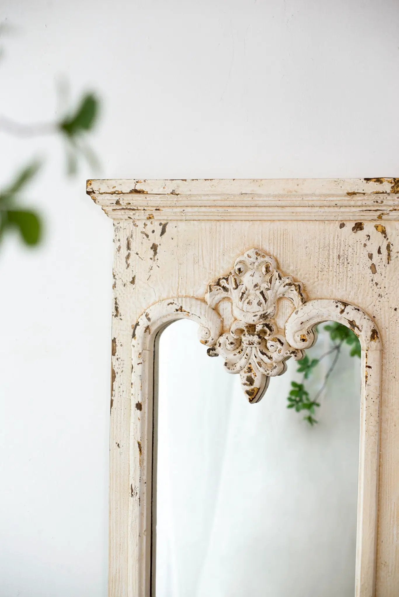 Full-length wall mirror white solid wood frame with ornate carved accent Unique Piece Furniture on Tampa Home & Garden Store