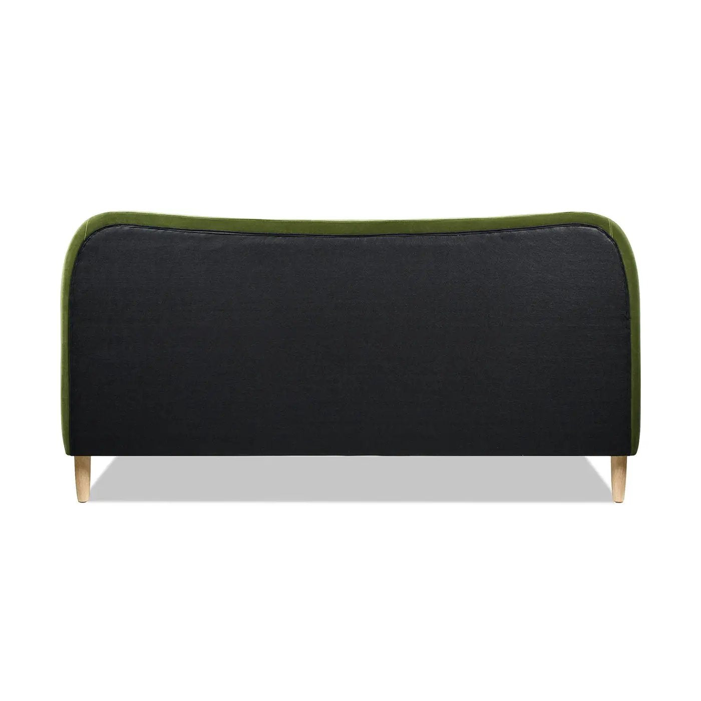 Roman curved headboard upholstered platform bed black fabric with olive trim and wood legs on Tampa Home & Garden Store