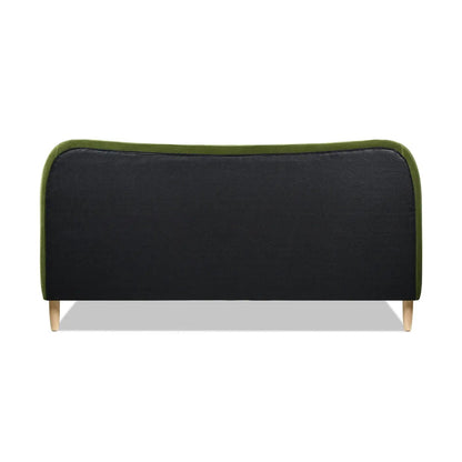 Roman curved headboard upholstered platform bed black fabric with olive trim and wood legs on Tampa Home & Garden Store