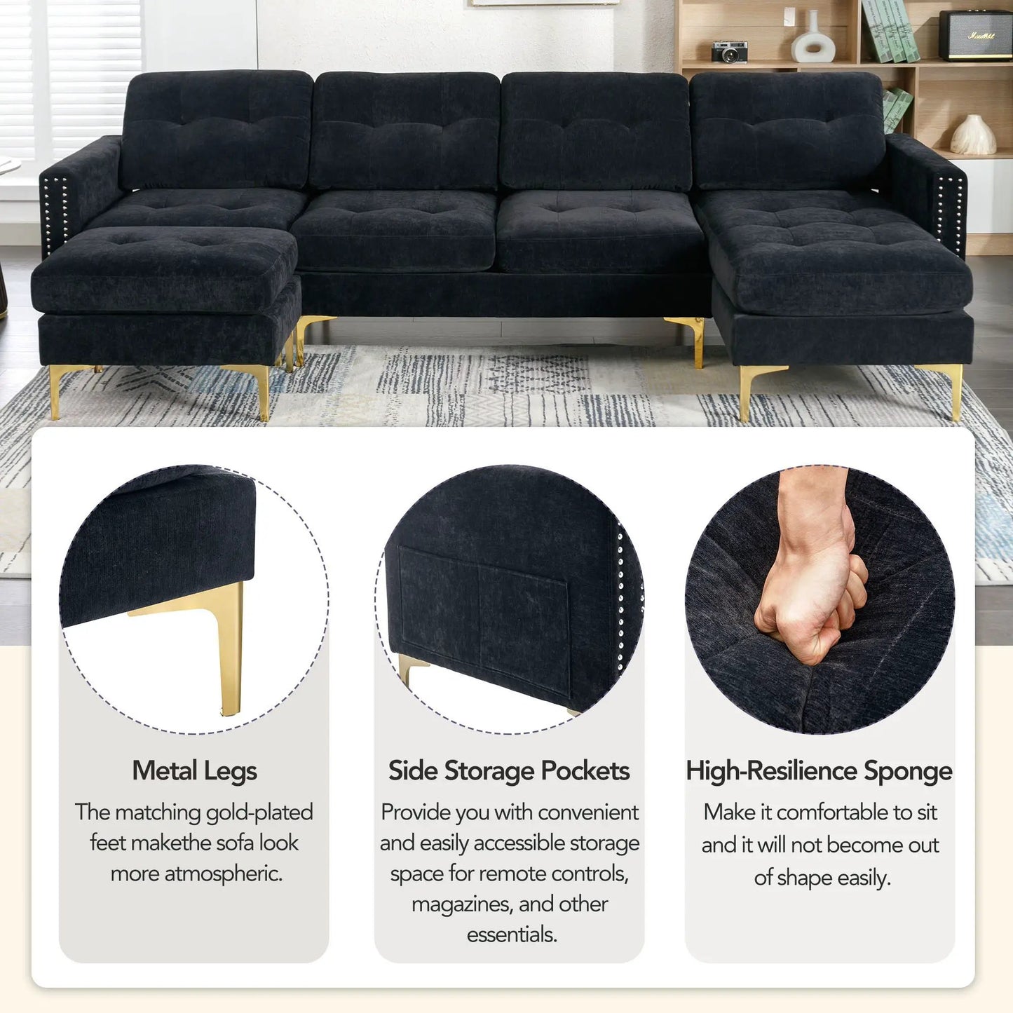 L-shaped convertible sectional sofa with movable ottoman in dark charcoal fabric, gold legs on Tampa Home & Garden Store