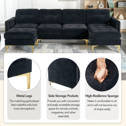 L-shaped convertible sectional sofa with movable ottoman in dark charcoal fabric, gold legs on Tampa Home & Garden Store