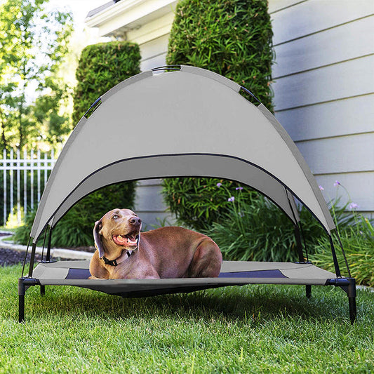 Pet outdoor loft bed tent with gray sunshade canopy and black frame by Sell My Stuff on Tampa Home & Garden Store