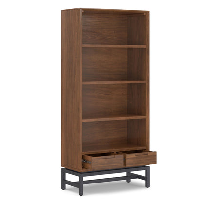 Handcrafted mid-century bookcase with warm wood finish and lower drawer by HouseOfZazla on Tampa Home & Garden Store