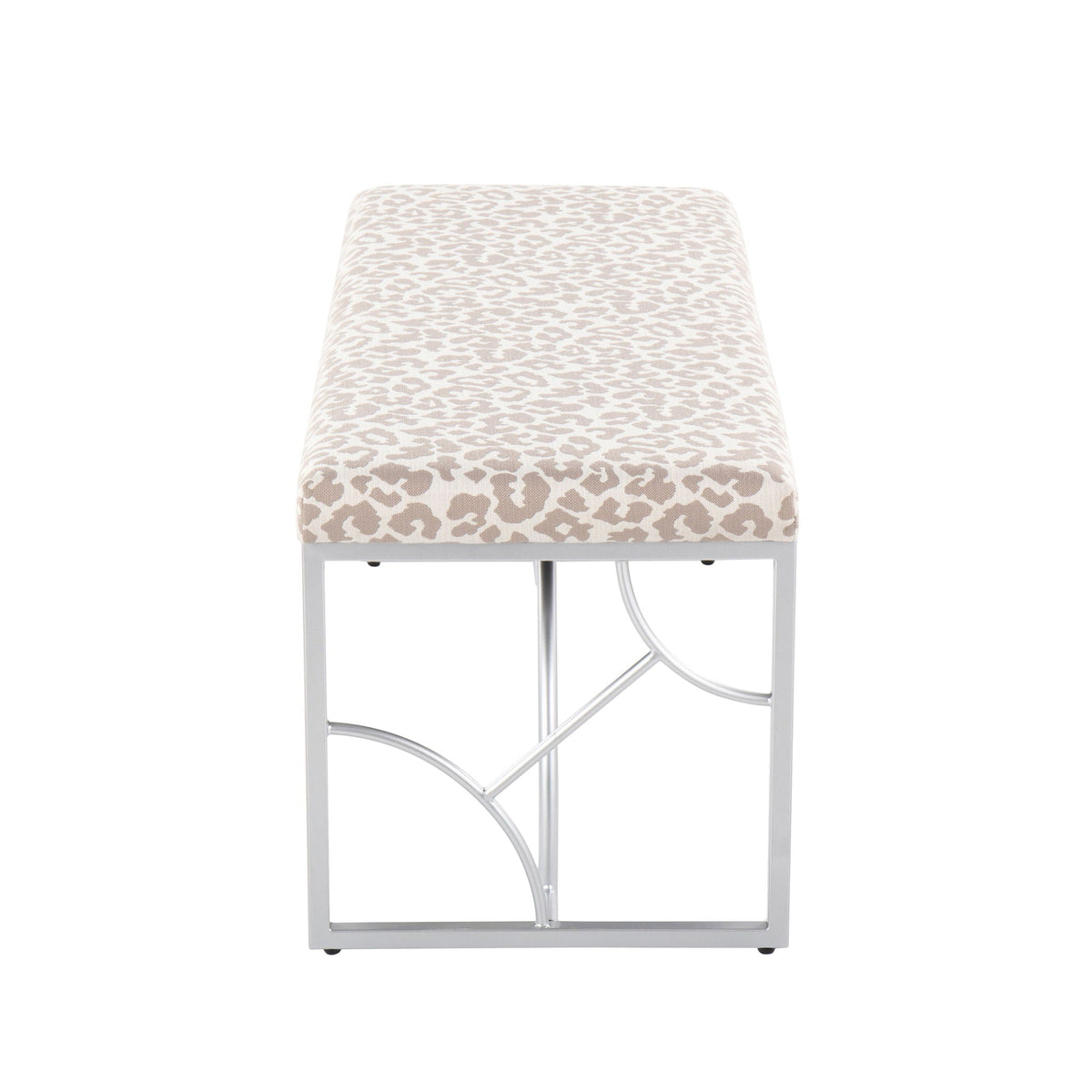 Upholstered bench by HouseOfZazla in leopard print fabric with a chrome metal frame on Tampa Home & Garden Store