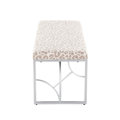 Upholstered bench by HouseOfZazla in leopard print fabric with a chrome metal frame on Tampa Home & Garden Store