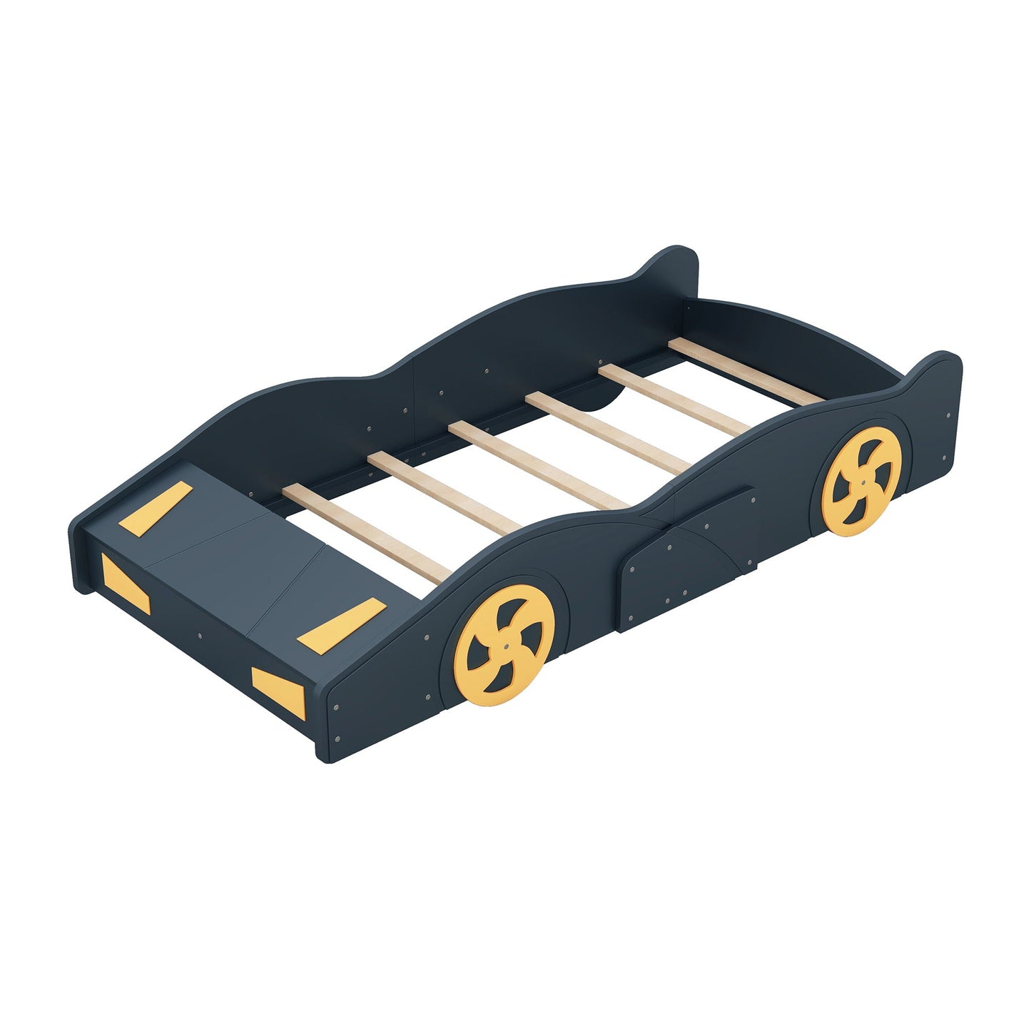 Race car shaped platform bed with wheels, dark blue frame and yellow wheels HouseOfZazla on Tampa Home & Garden Store