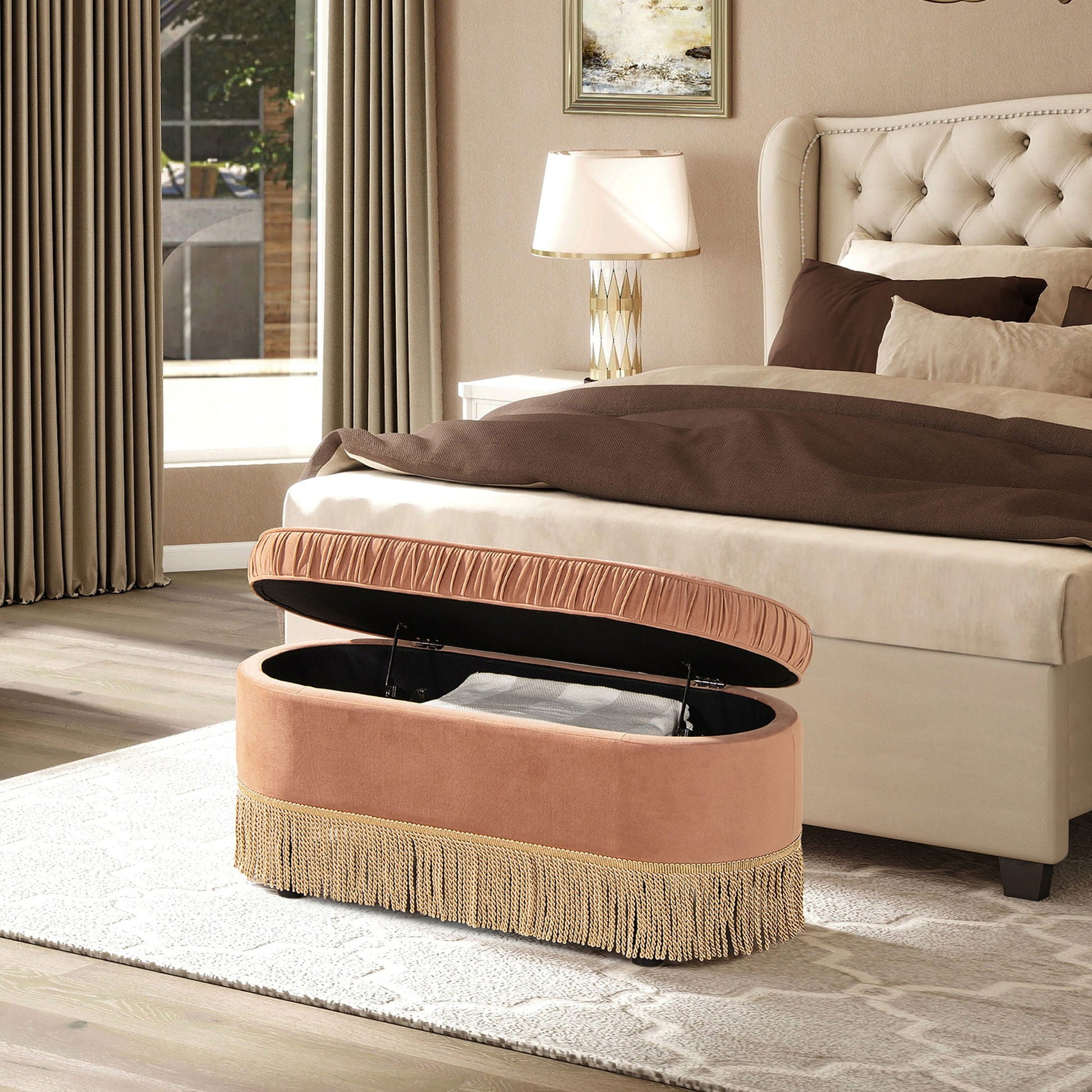 Serena oval storage bench ottoman in blush pink velvet with fringe trim by HouseOfZazla on Tampa Home & Garden Store