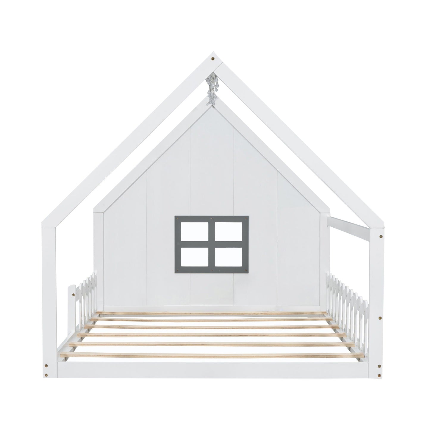 House Bed With Window And Fence, white wood bed frame with pitched roof and faux window panel on Tampa Home & Garden Store