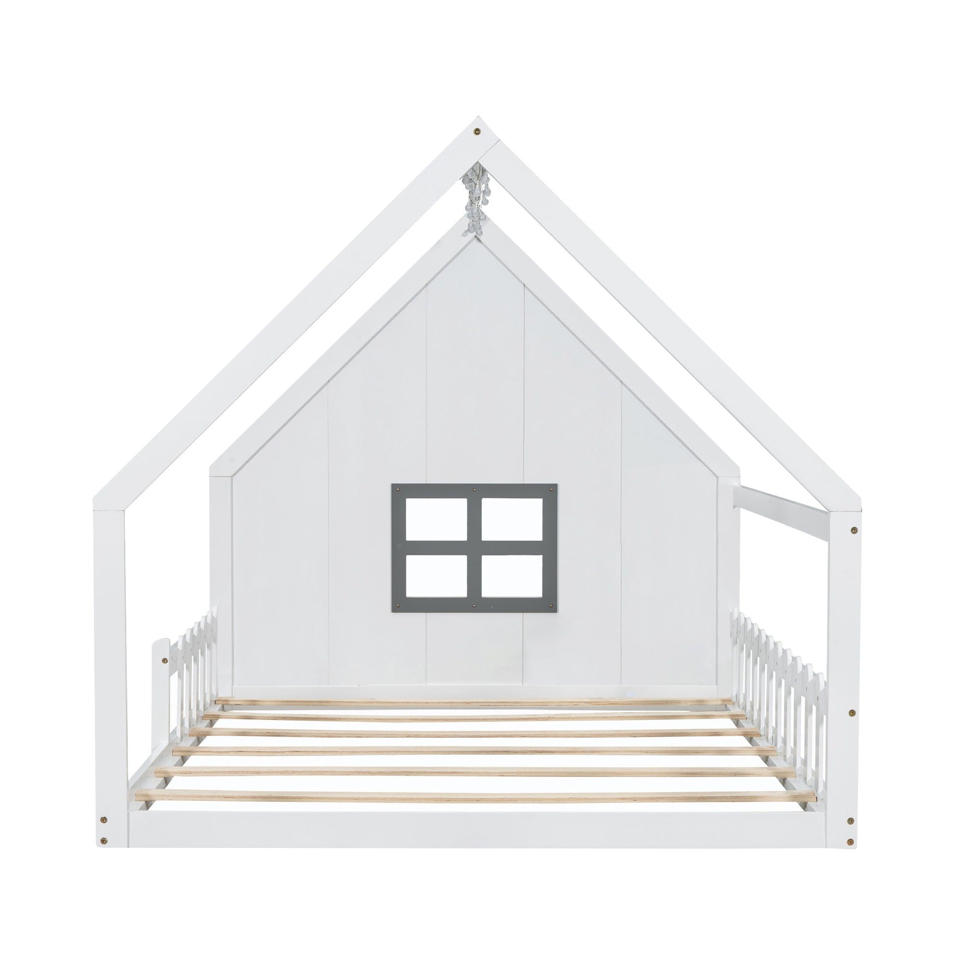 House Bed With Window And Fence, white wood bed frame with pitched roof and faux window panel on Tampa Home & Garden Store