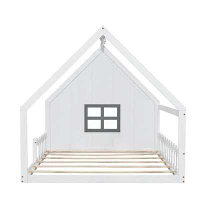 House Bed With Window And Fence, white wood bed frame with pitched roof and faux window panel on Tampa Home & Garden Store